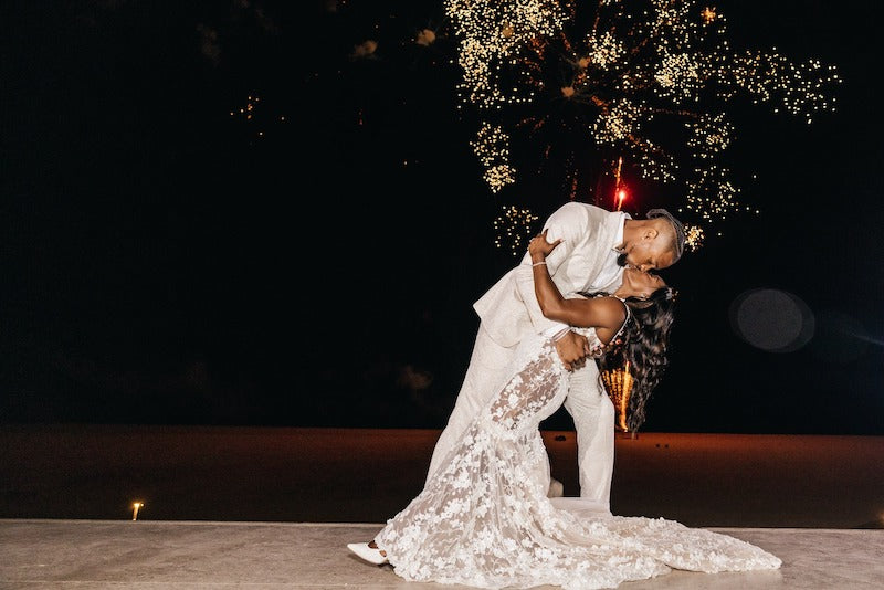 Bride and Groom Fireworks and Bride Reception Dress Simone Biles and Jonathan Owens Cabo Wedding