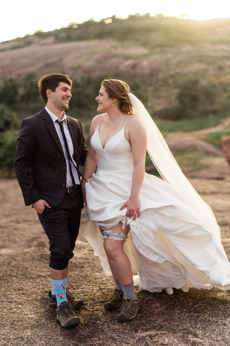 Bride and Groom Hiking Adventure Session Bridal Garter and Dress