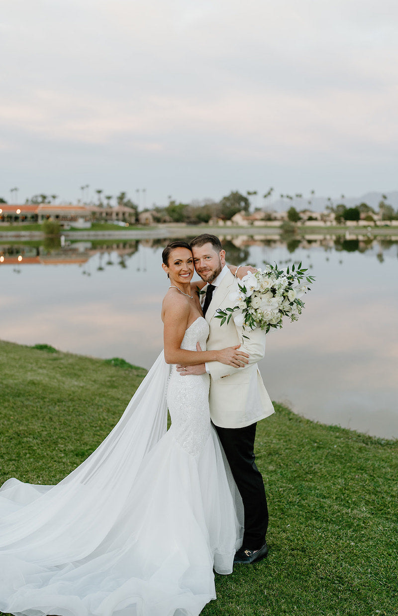 Bride and Groom Portraits with White Flower Bridal Bouquet