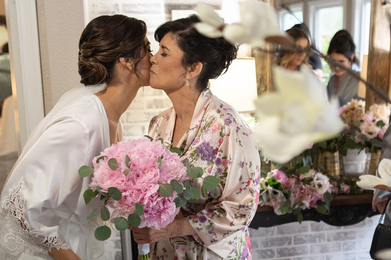 Bride and Mother in Silk Robes Getting Ready Wedding Day