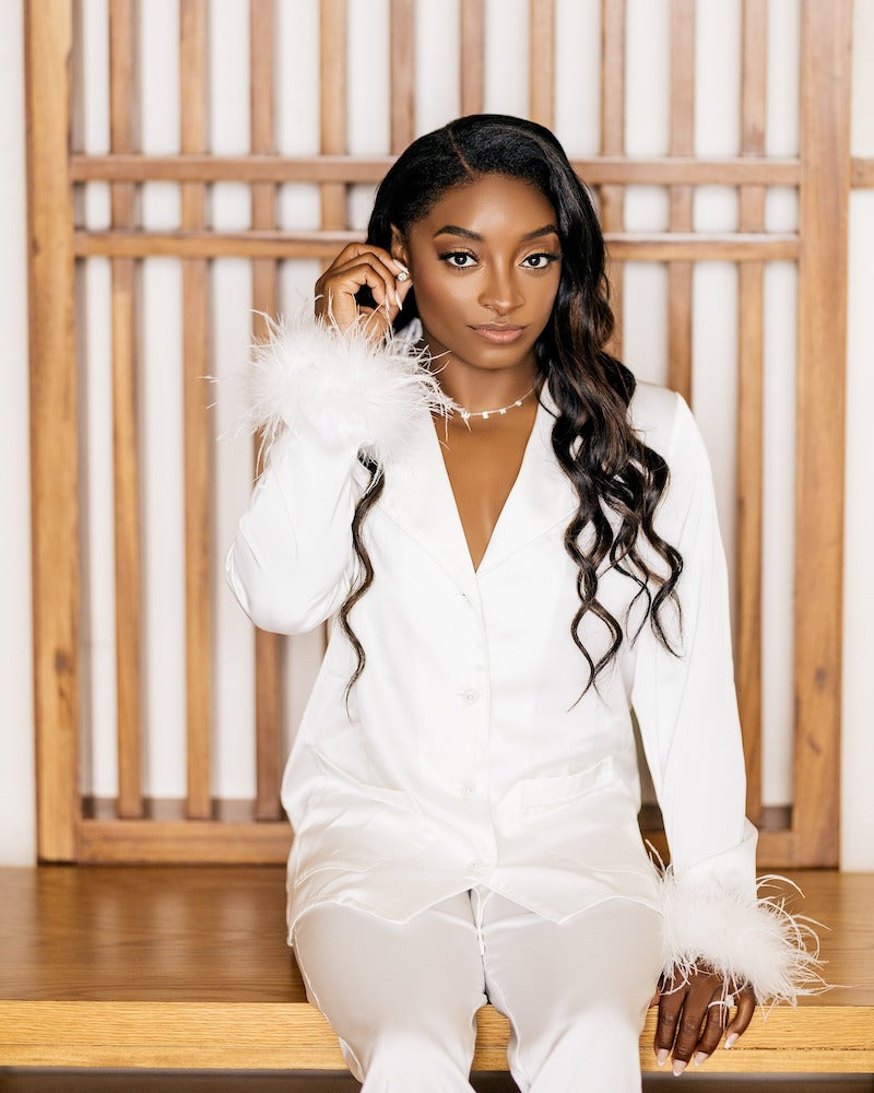 Bride Getting Ready in Feather Pajamas Simone Biles and Jonathan Owens Cabo Wedding