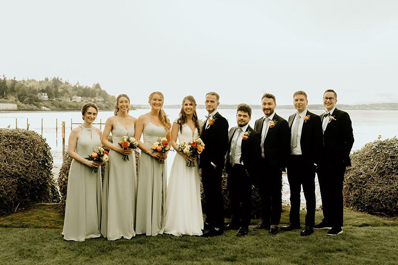 Bride, Groom and Bridal Party with Sage Green Bridesmaid Dresses