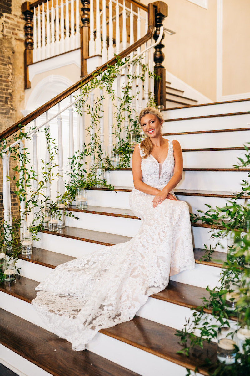 Bride on Staircase Lace Bridal Dress