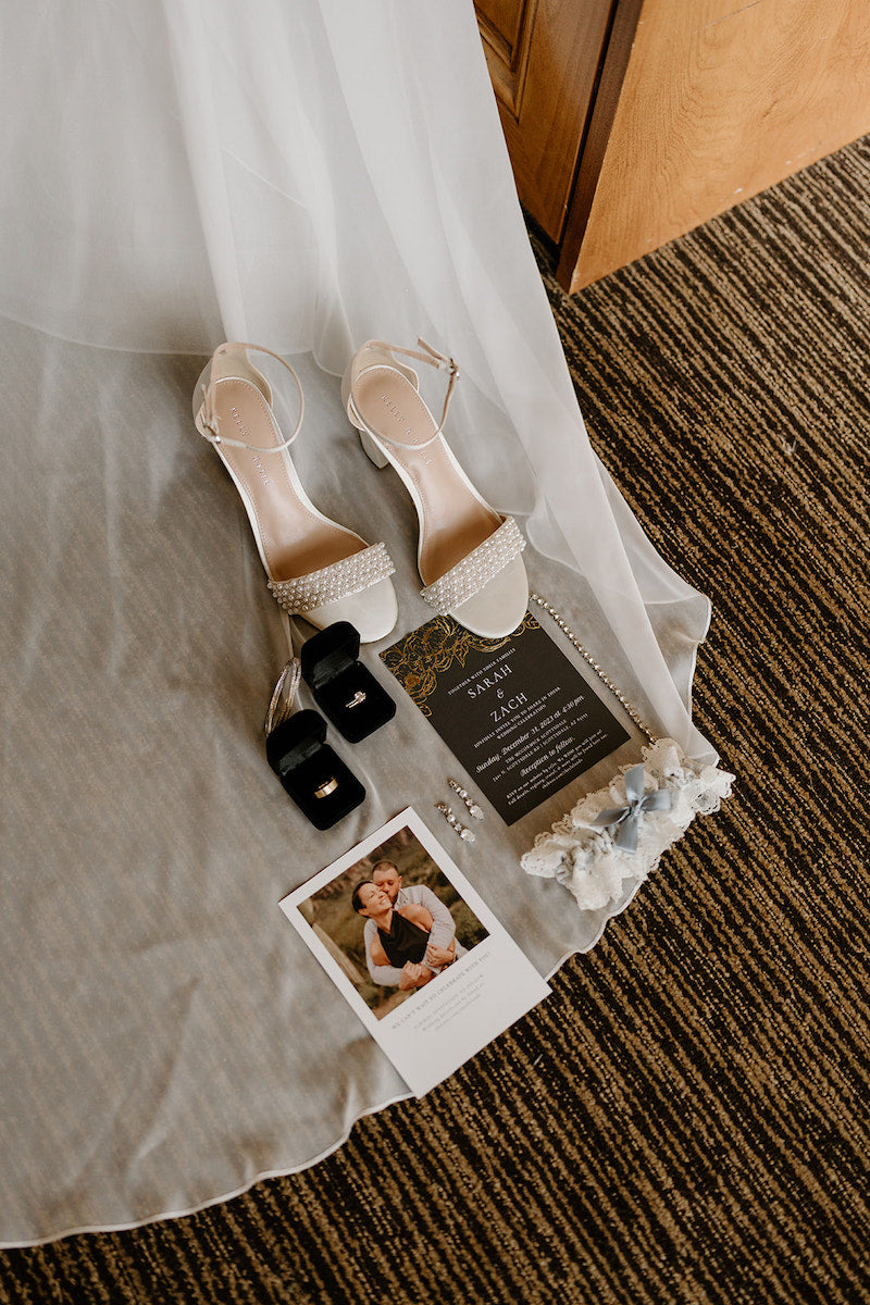 Bride's Shoes, Rings and Something Blue Wedding Garter