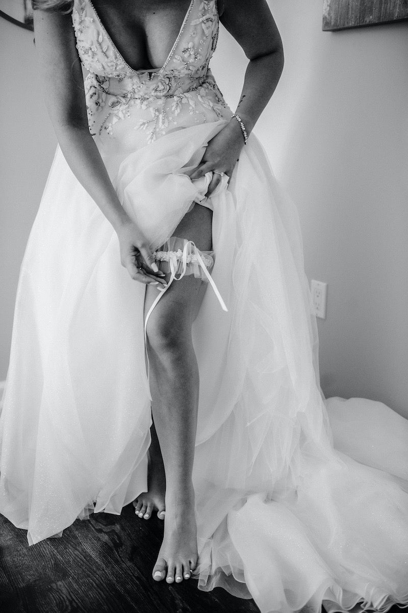 Bride with Bridal Garter Heirloom on Leg