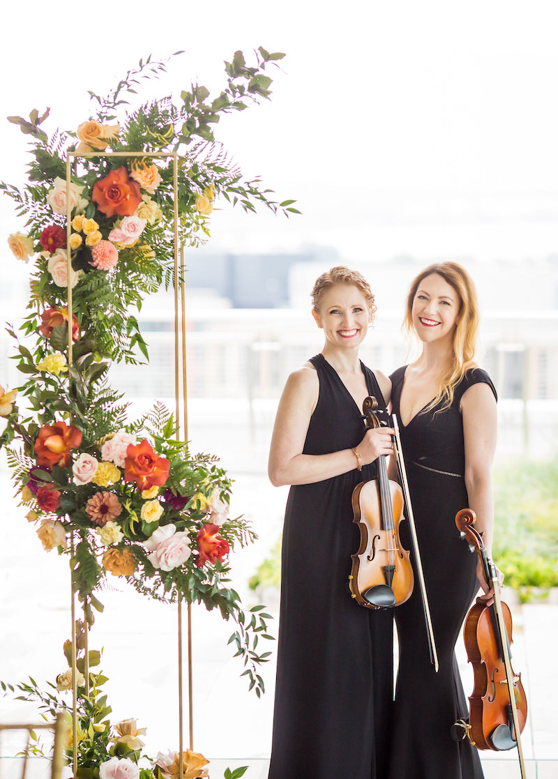 Violinists and Bright Florals at Vow Renewal