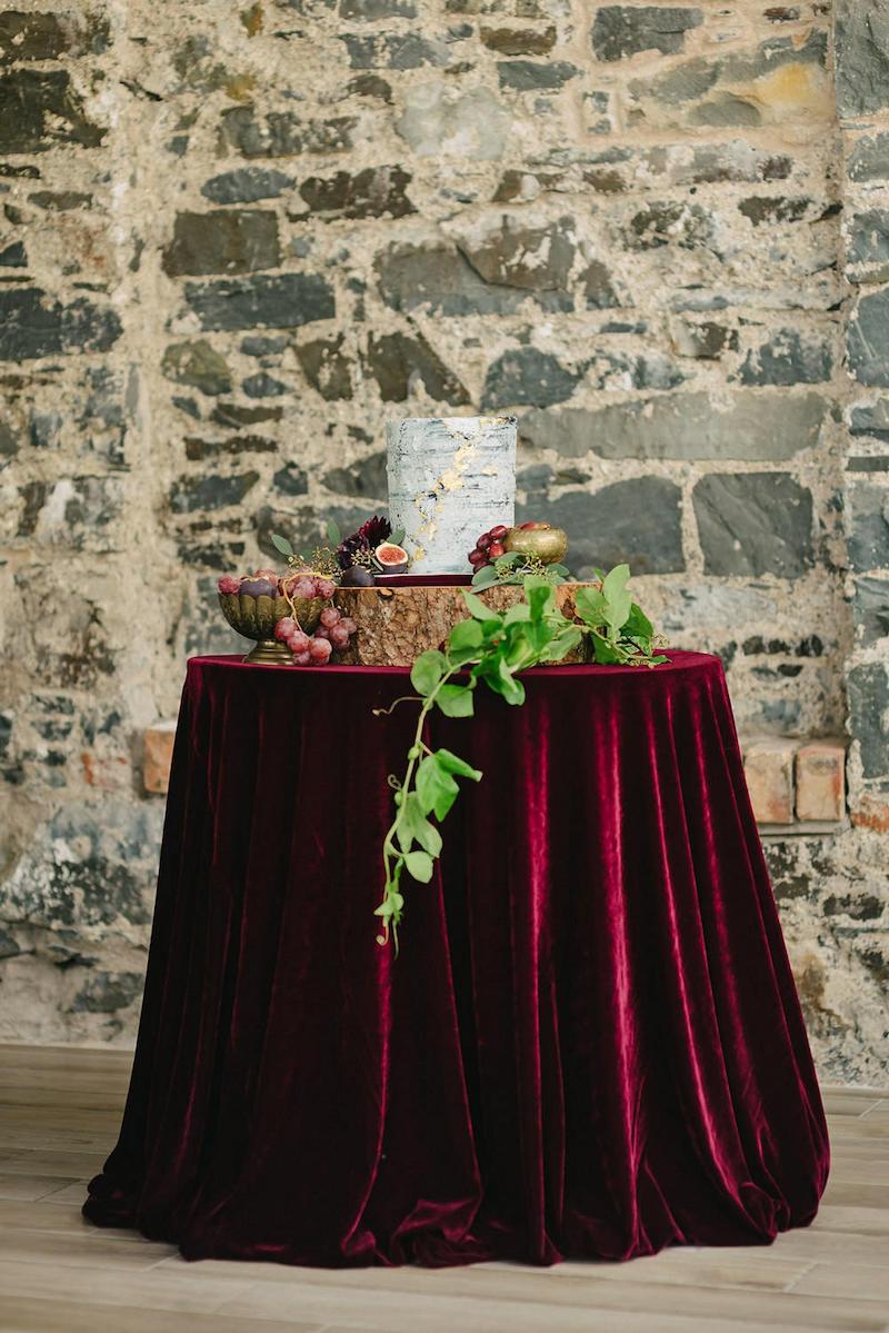 Burgundy Velvet Tablecloth Winter Wedding