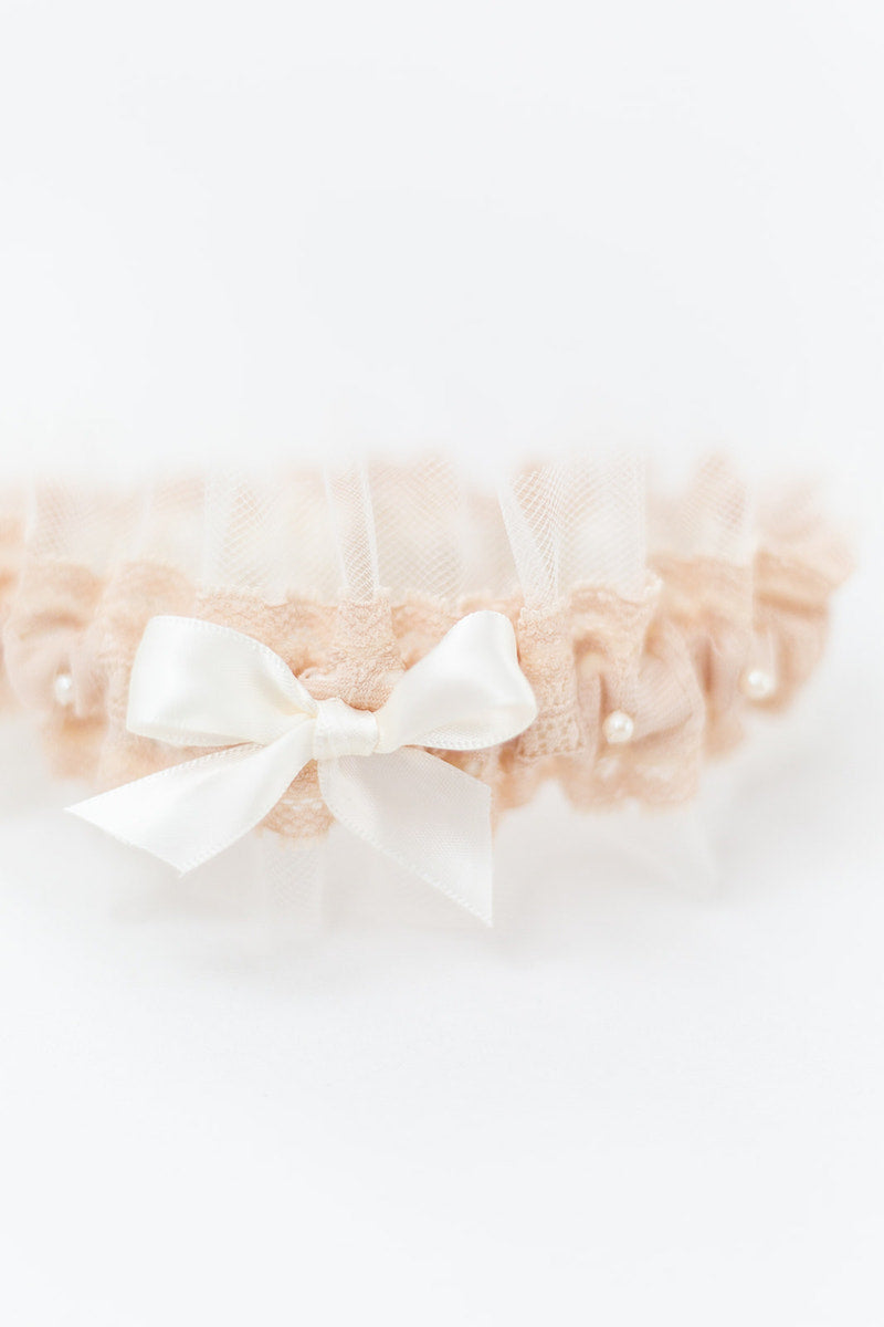 Beautiful Bridal Gift - Custom Garter Set w Champagne Tulle, Lace, Pearls