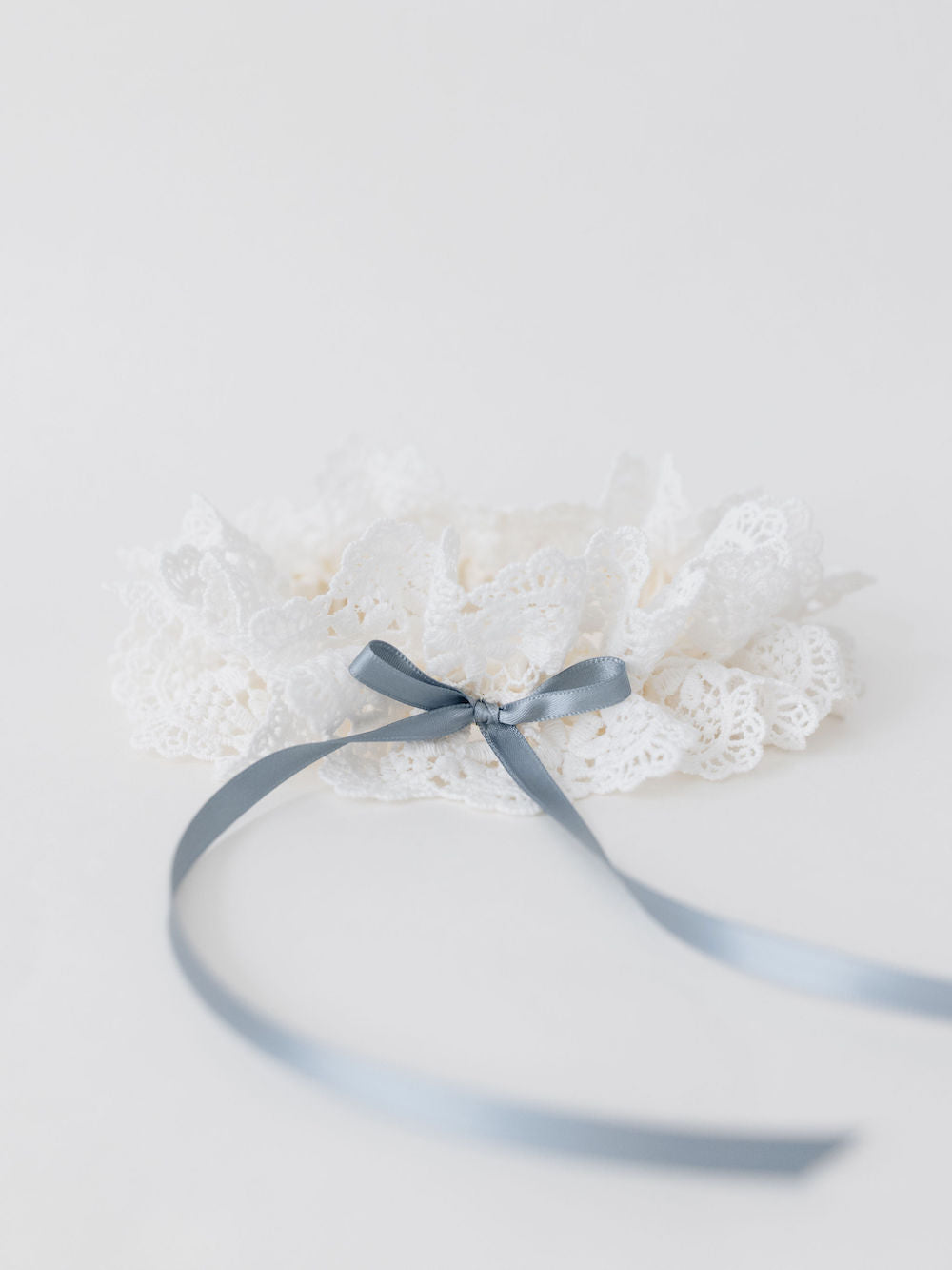 custom ivory lace and dusty blue wedding garter heirloom handmade by The Garter Girl