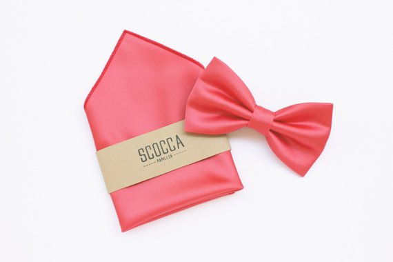 living coral wedding groom bow tie and pocket square