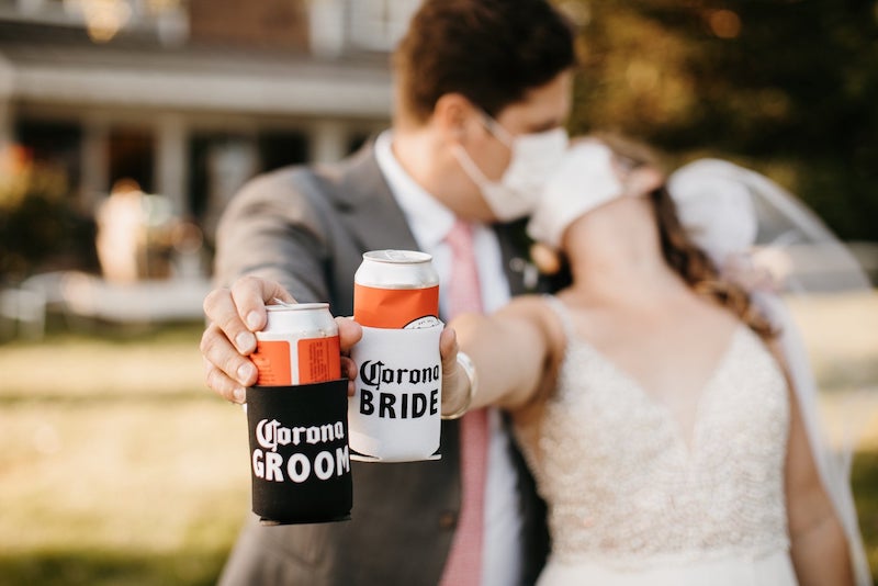 Corona Bride and Groom Can Coolers Pandemic Wedding