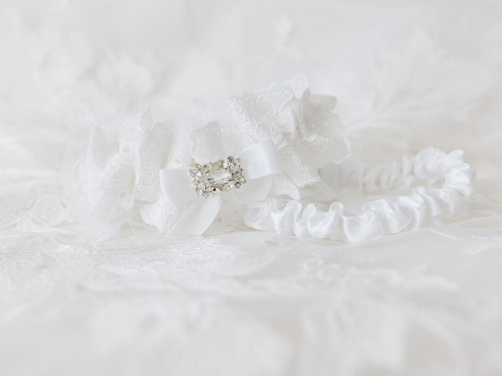 custom wedding garter set heirlooms with sparkle and tulle material from bride's wedding dress handmade by The Garter Girl