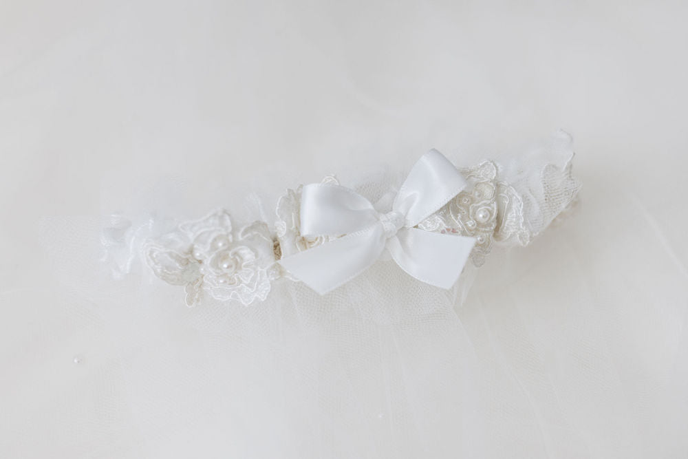 ivory wedding garter heirloom with tulle made from mom's wedding dress handmade by The Garter Girl