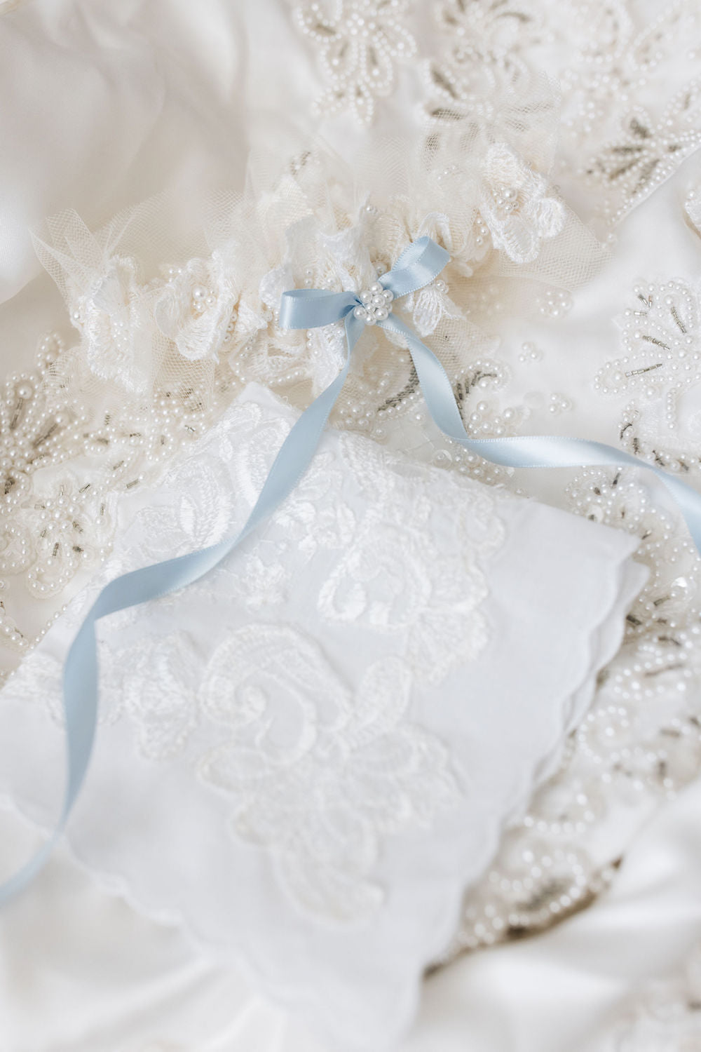 wedding garter and handkerchief heirlooms created from mom's wedding dress handcrafted by The Garter Girl