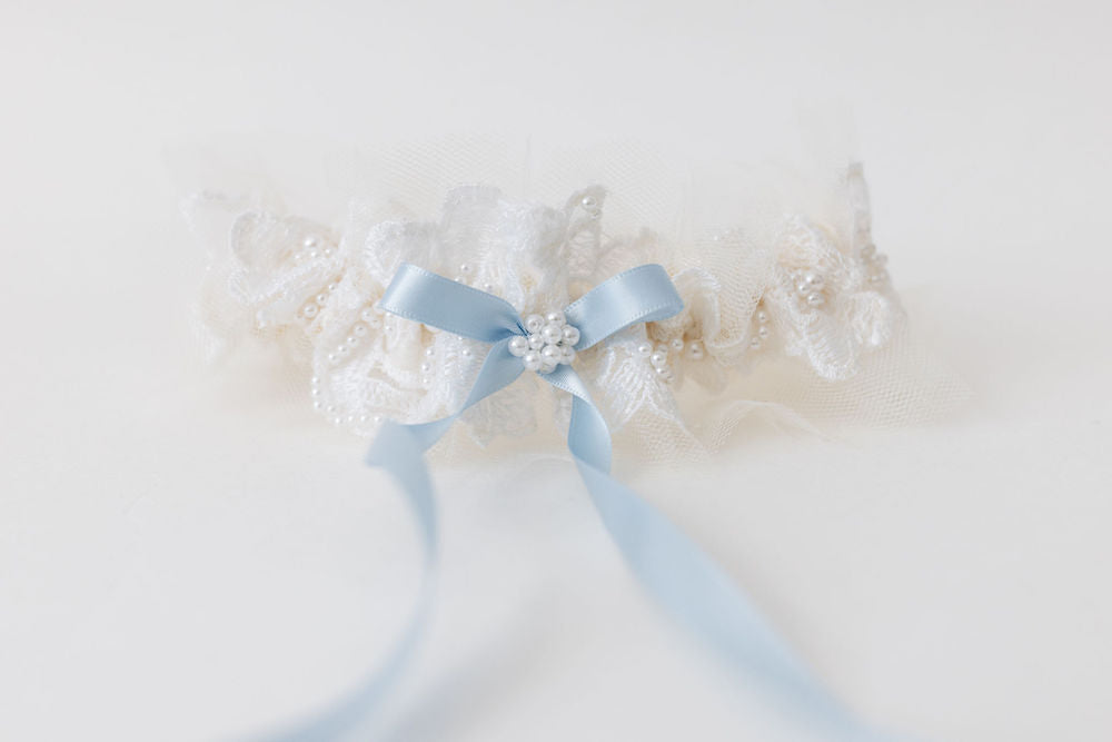 wedding garter heirloom with long blue center bow created from mom's wedding dress handcrafted by The Garter Girl