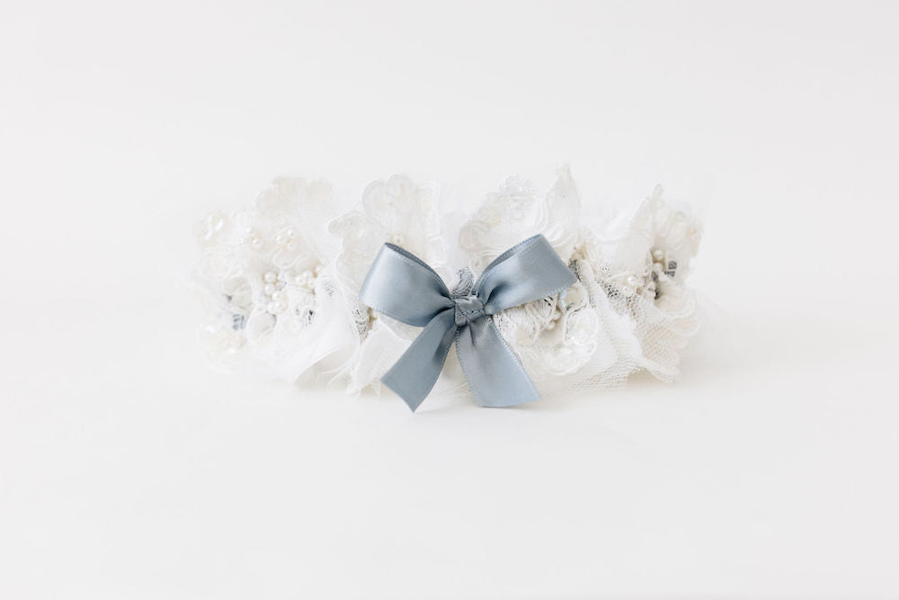 custom wedding garter heirloom with dusty blue ribbon with pearls, tulle, and lace from mom's wedding dress handmade by The Garter Girl