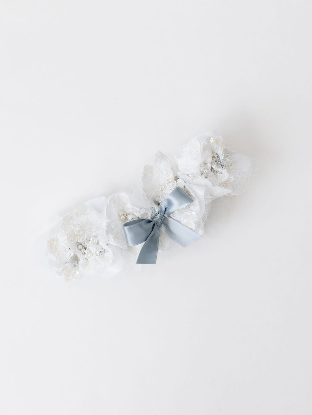 custom wedding garter heirloom with dusty blue ribbon with pearls, tulle, and lace from mom's wedding dress handmade by The Garter Girl