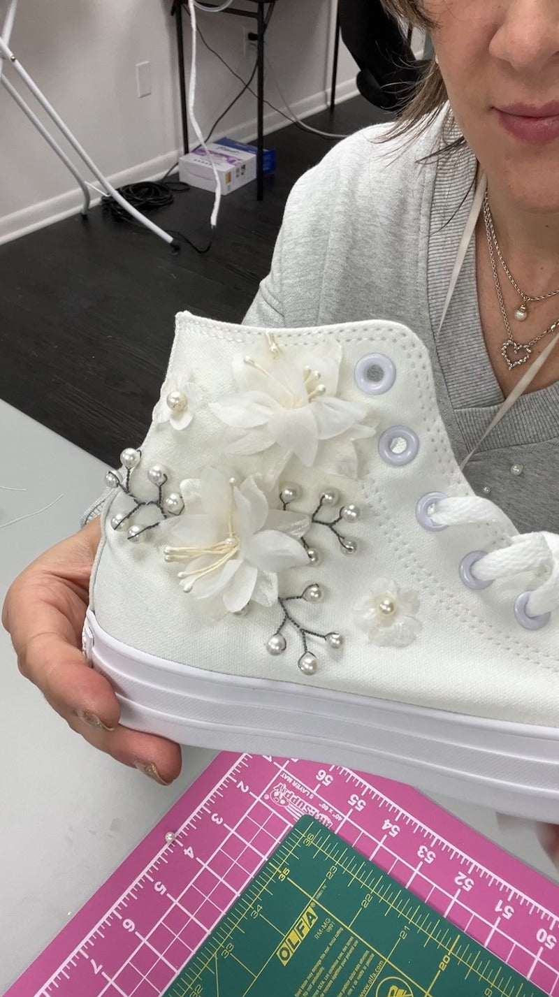 custom bridal sneakers made from mom's wedding veil