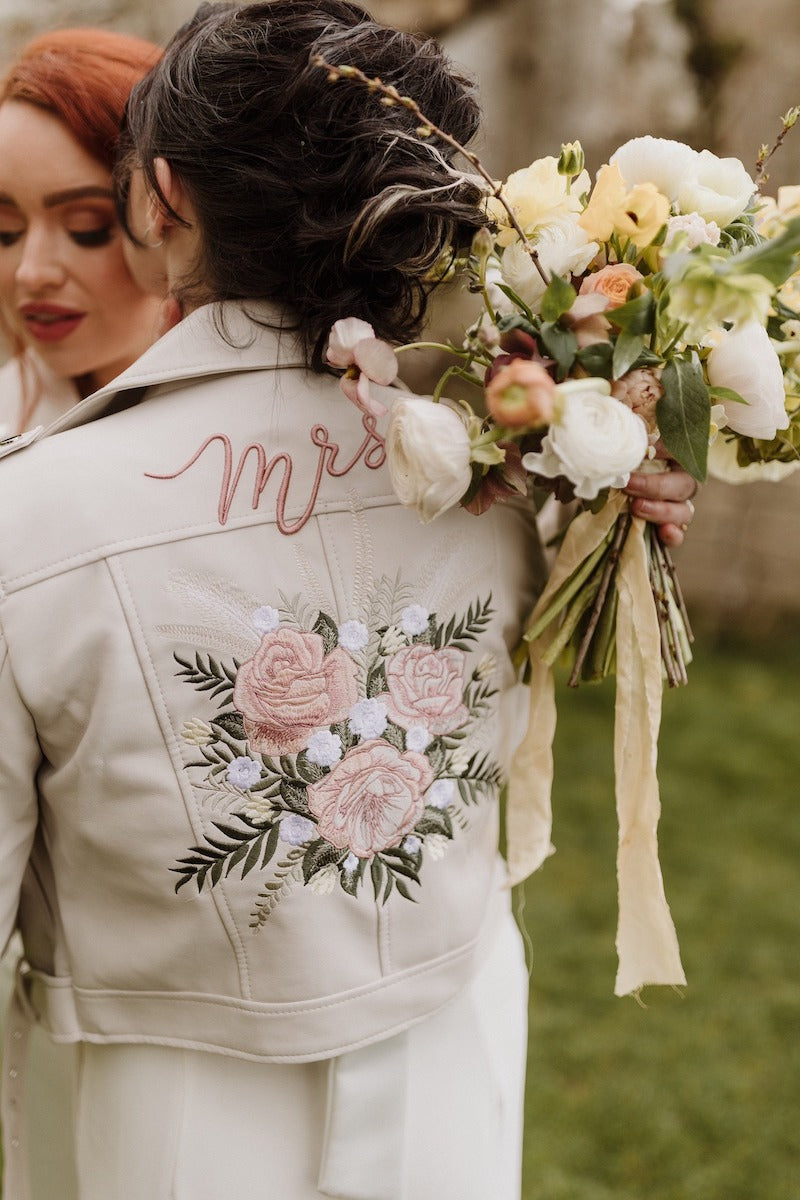 Custom Floral Embroidered Faux Leather Jacket for Bride