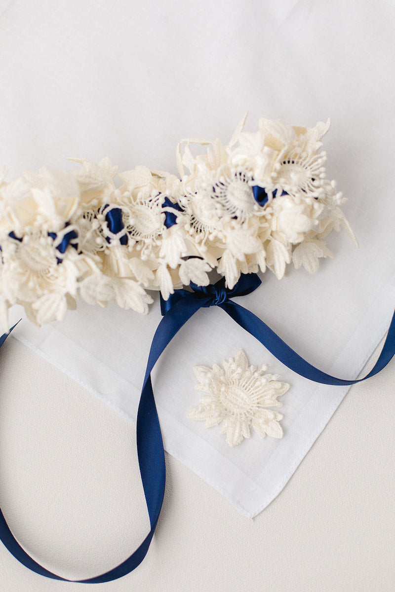 custom hankie and garter made from grandmother's wedding dress