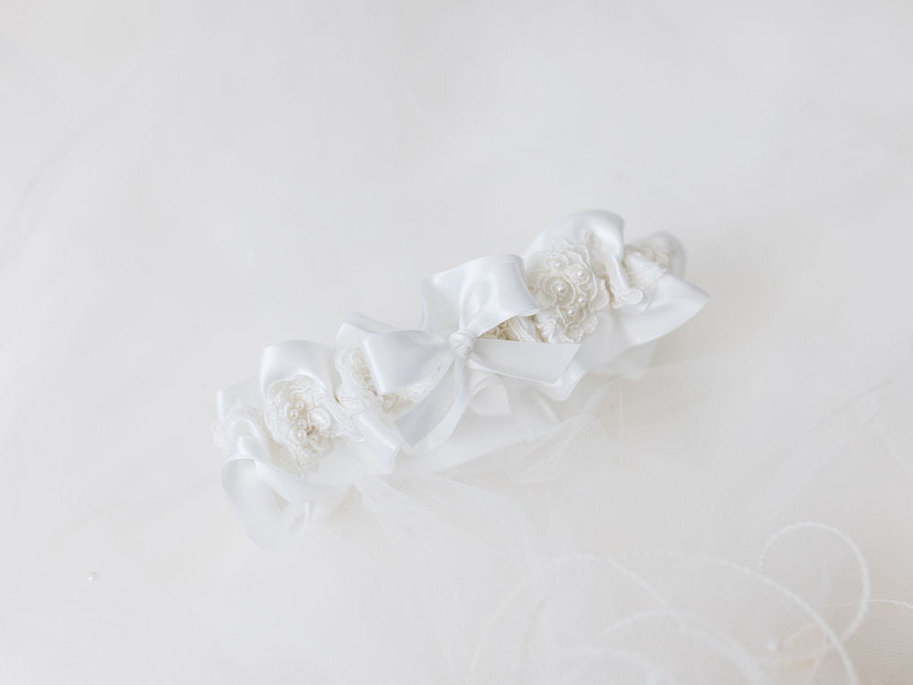 ivory wedding garter heirloom with tulle made from mom's wedding dress handmade by The Garter Girl