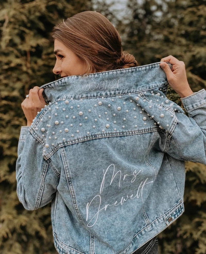 Custom Pearl Denim Jacket for Bride