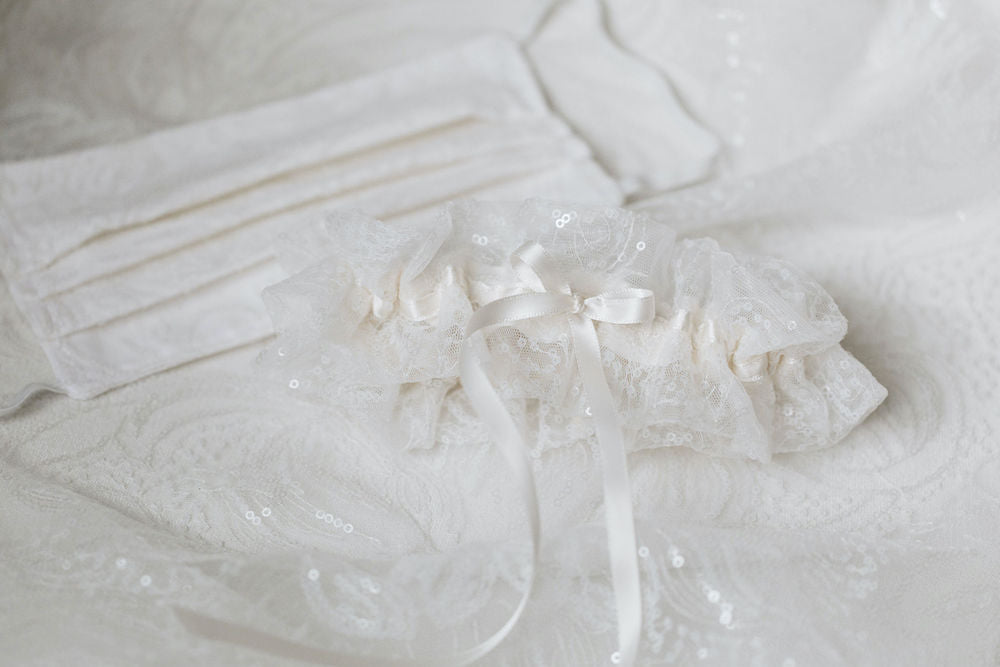 sparkle lace custom wedding garter & face mask from the bride's wedding dress fabric handmade heirloom by The Garter Girl