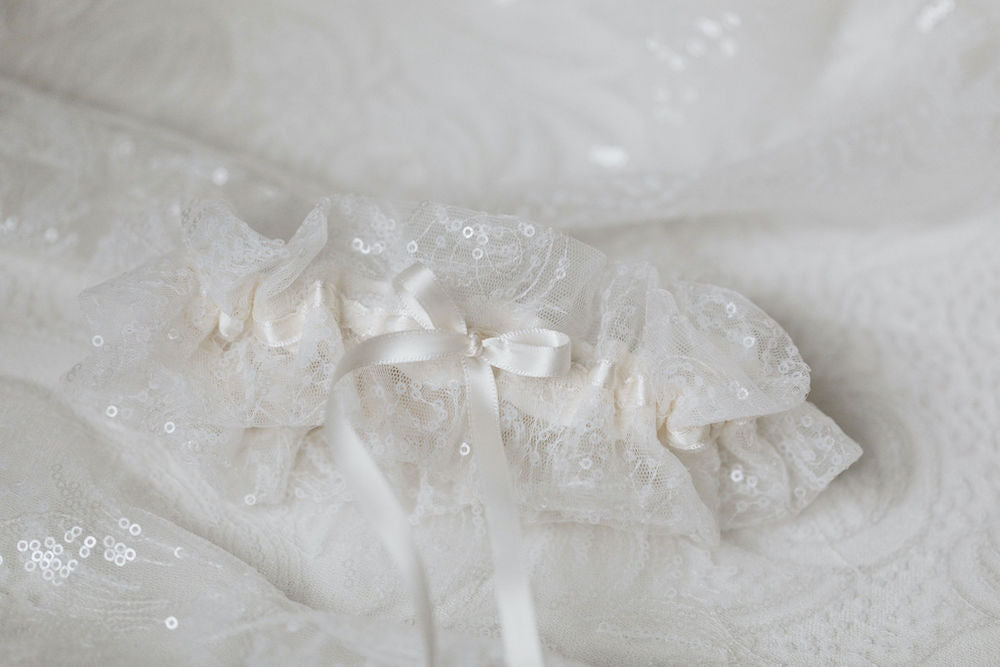 sparkle lace custom wedding garter & face mask from the bride's wedding dress fabric handmade heirloom by The Garter Girl