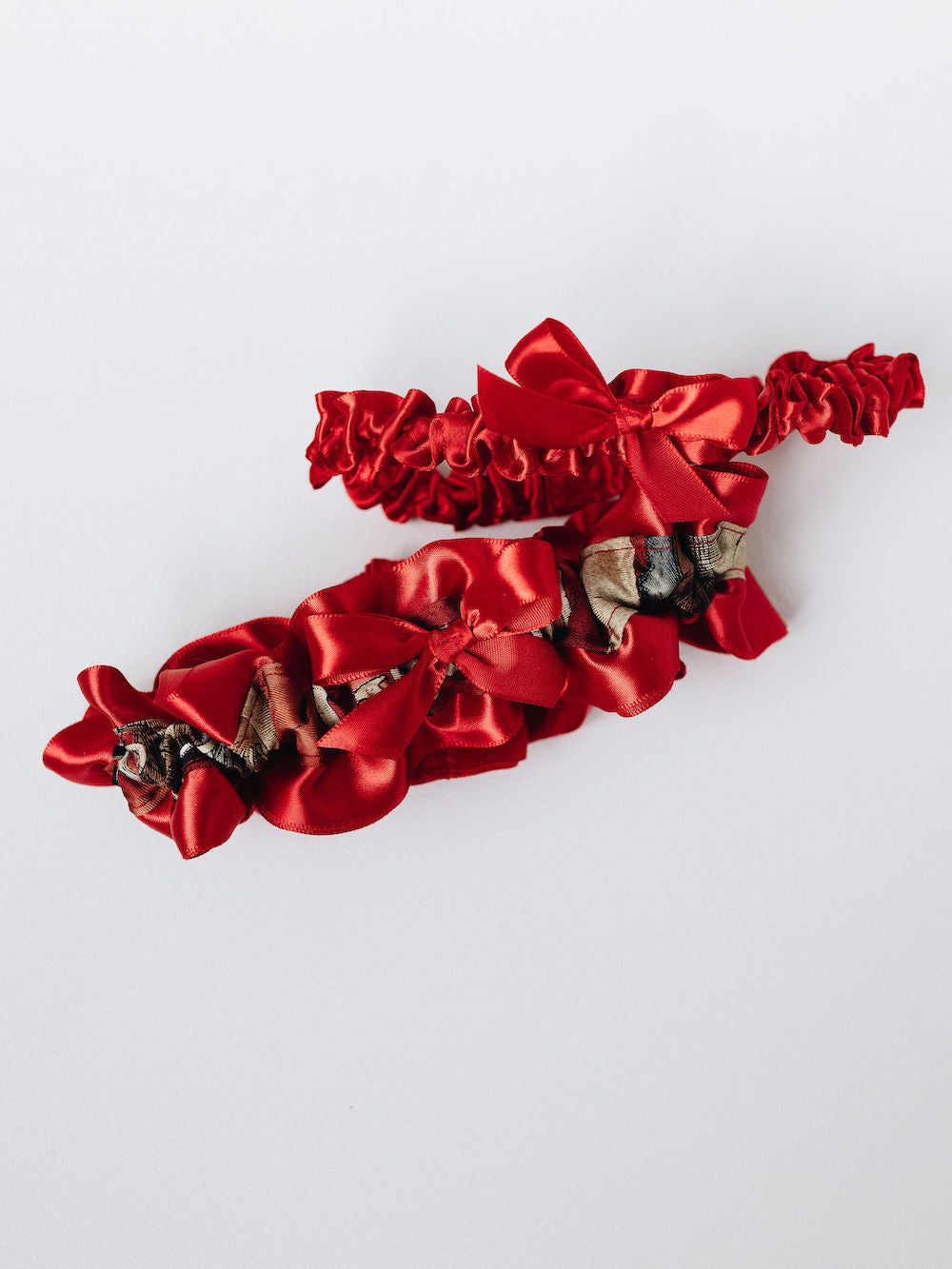 red satin wedding garter heirloom with main and tossing garter from dad's tie handmade by The Garter Girl