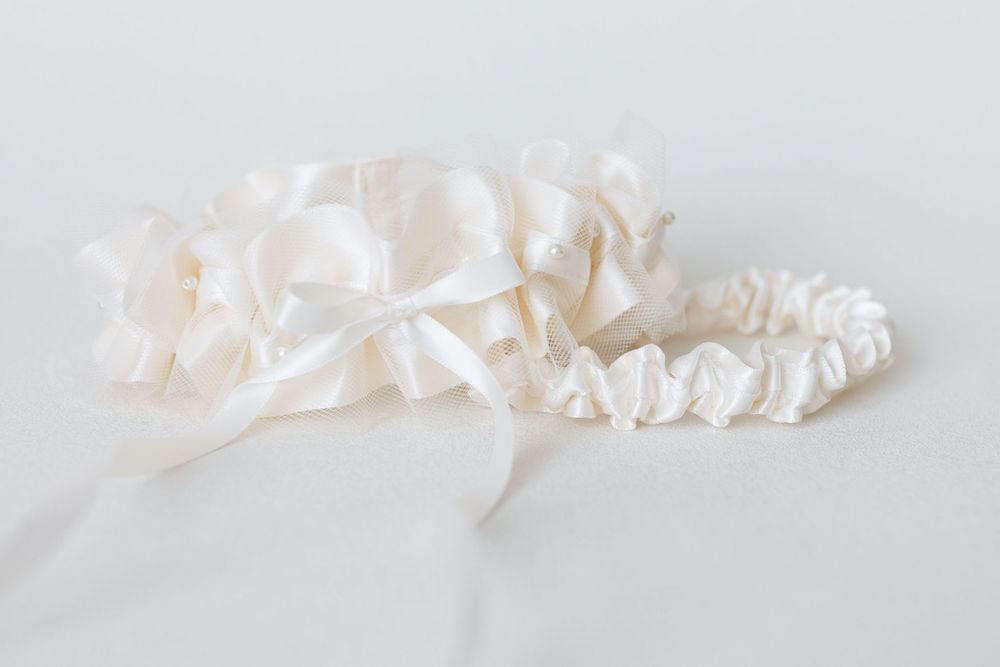 ivory wedding garter set with tulle and pearls handmade by The Garter Girl