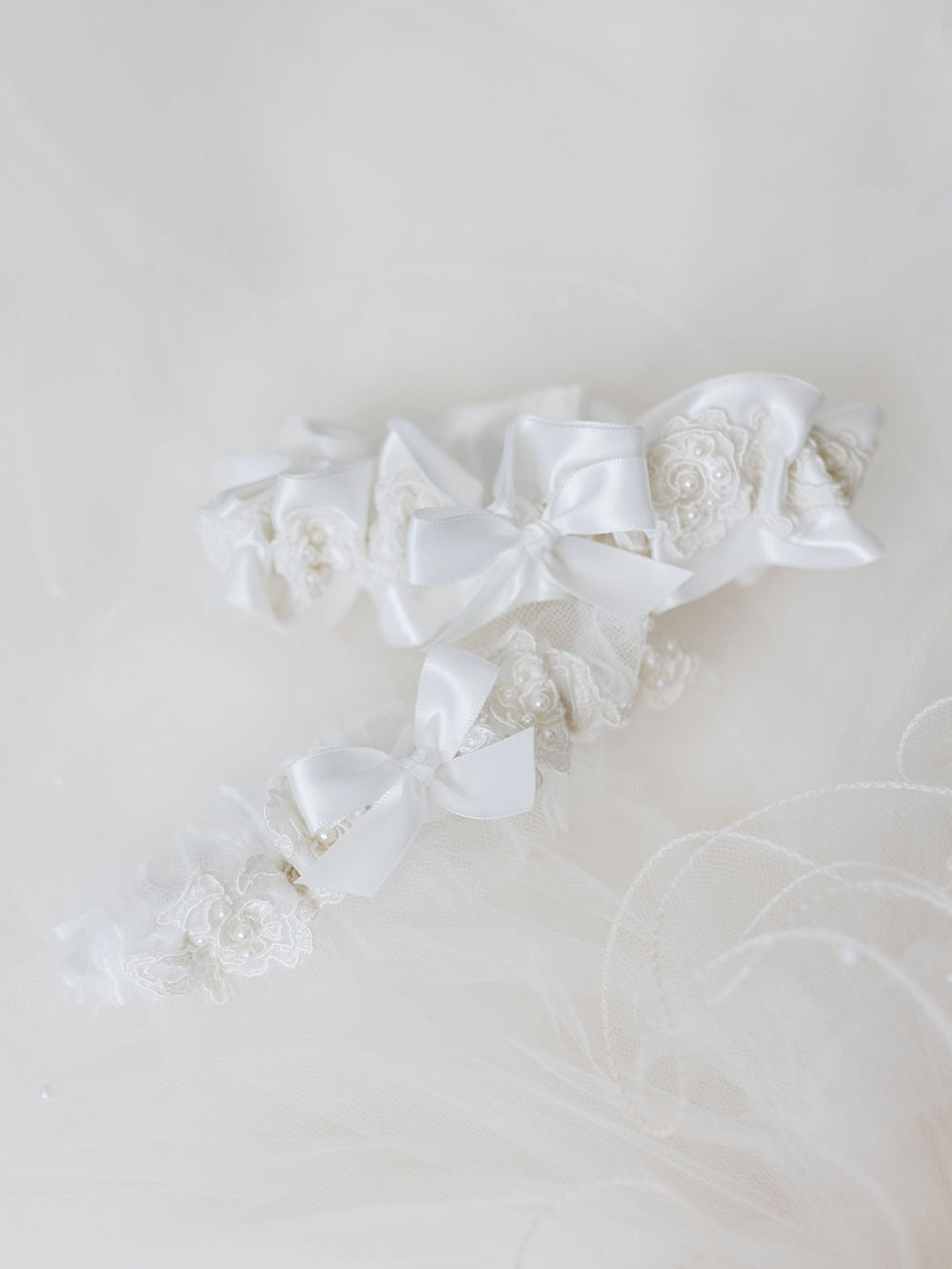 two ivory wedding garter heirlooms with tulle made from mom's wedding dress handmade by The Garter Girl