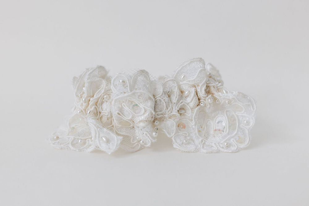 custom garter with ivory lace garter from hem of mom's wedding dress handmade by The Garter Girl