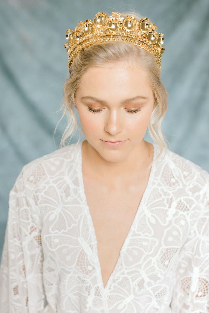 Ethereal Bridal Style with Gold Crown