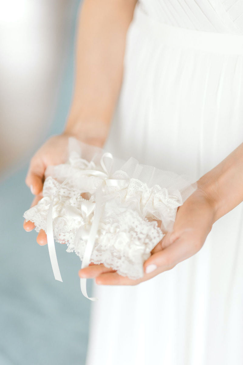 Ethereal Bridal Style Garters for Bride with Lace and Bows