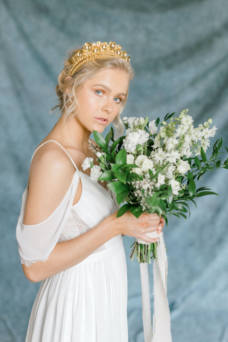 Ethereal Bridal Bouquet and Gold Crown