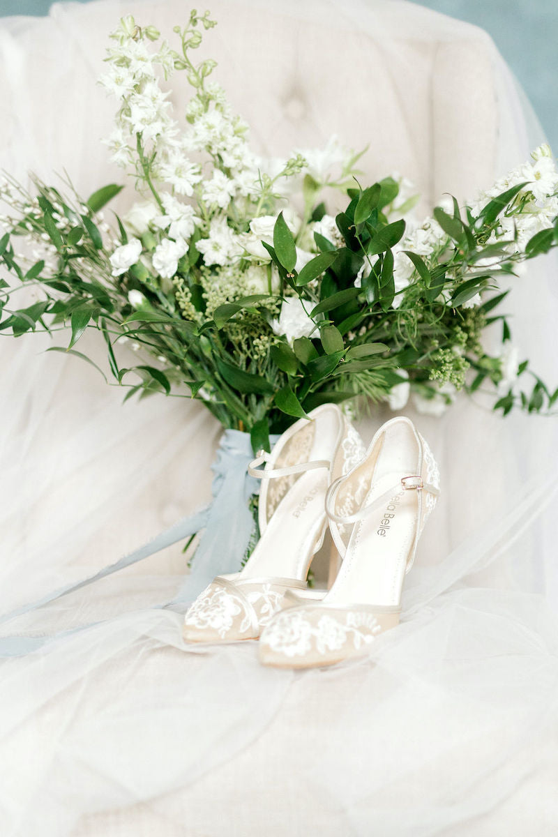 Wedding Style Inspiration Bridal Bouquet and Lace Heels