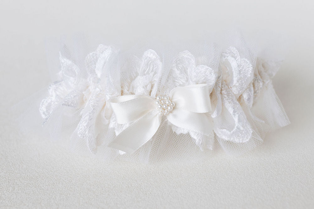 custom ivory tulle wedding garter heirloom from mother's wedding veil handmade with pearl detailing by The Garter Girl