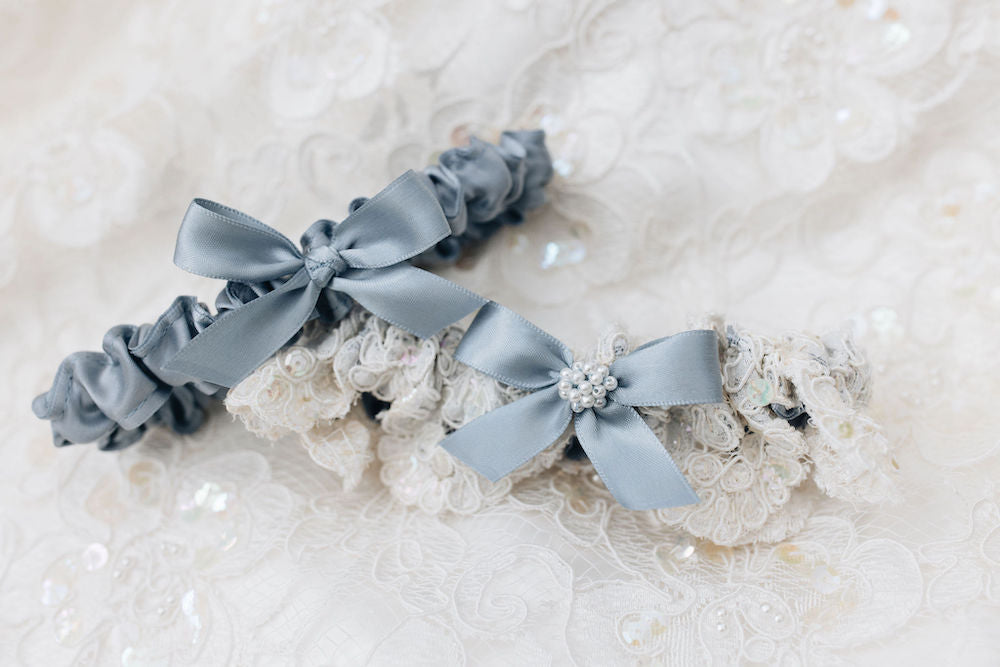 wedding garter set with ivory lace, blue satin & bow, and pearls with personalized embroidery - a handmade wedding heirloom by The Garter Girl