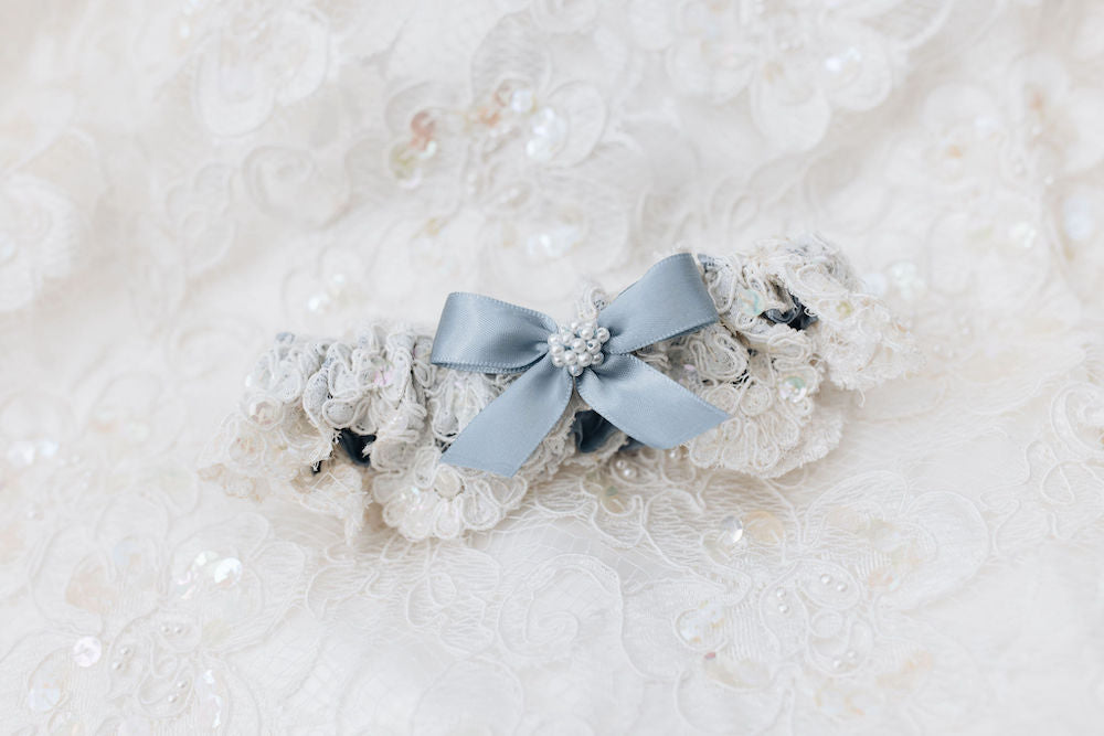 wedding garter set with ivory lace, blue satin & bow, and pearls with personalized embroidery - a handmade wedding heirloom by The Garter Girl