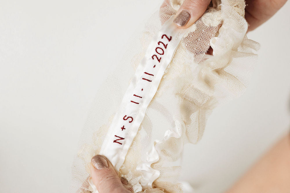 wedding garter & handkerchief set with beige lace from mother's and grandmother's dresses and personalized embroidery - a handmade wedding heirloom by The Garter Girl