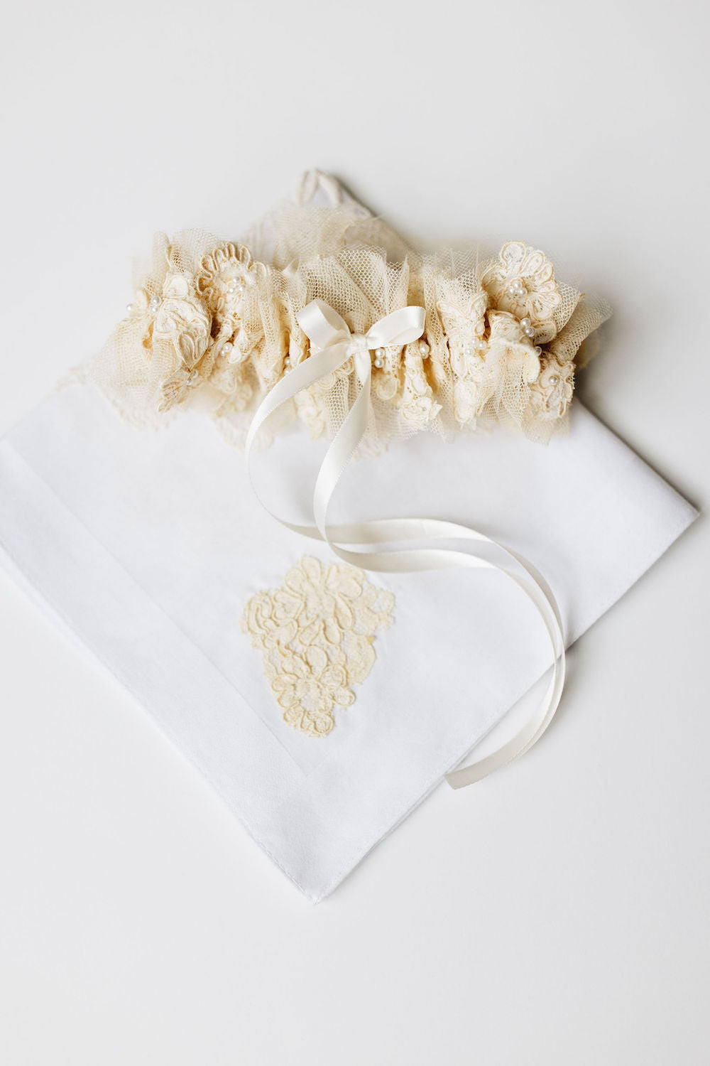 wedding garter & handkerchief set with beige lace from mother's and grandmother's dresses and personalized embroidery - a handmade wedding heirloom by The Garter Girl