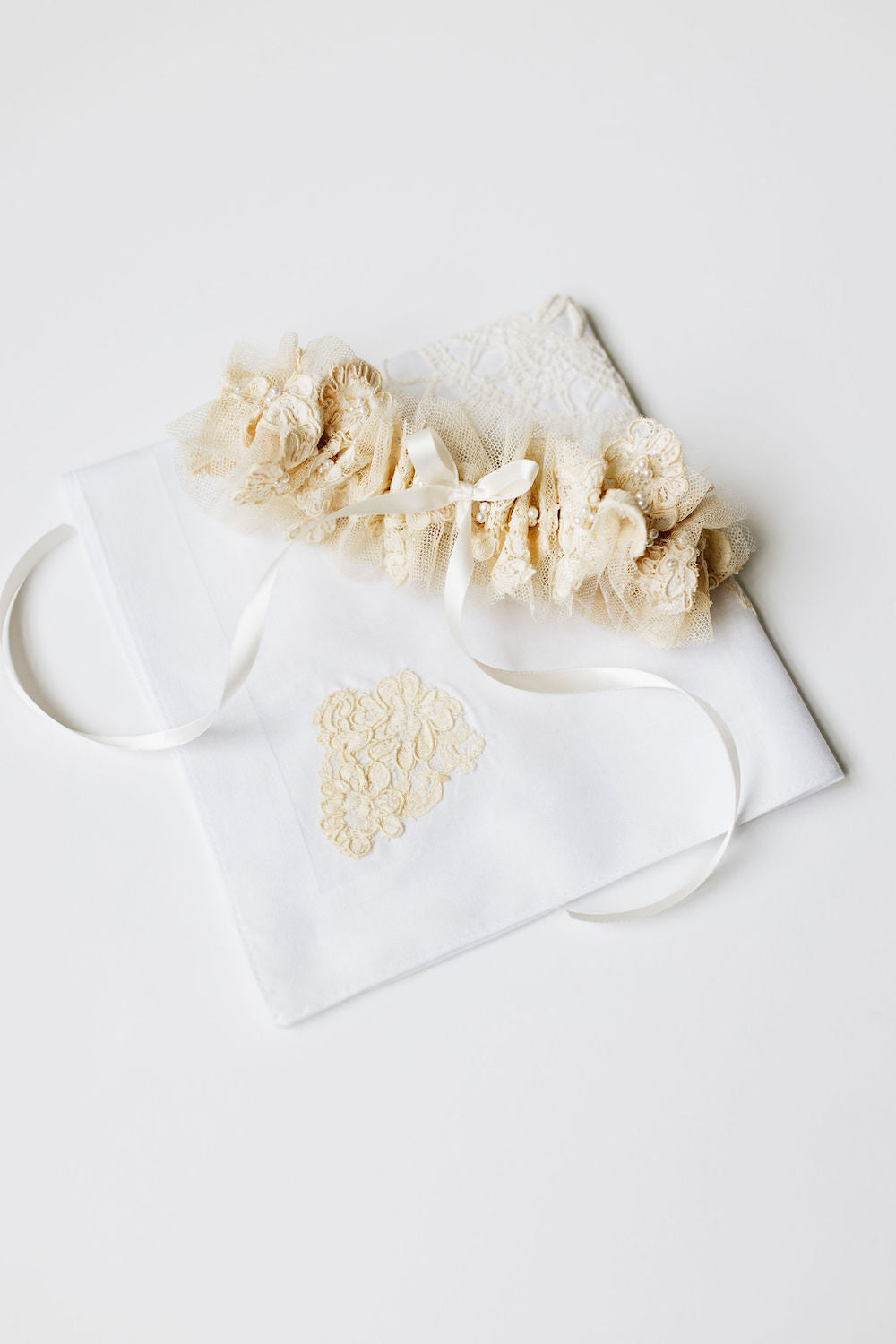 wedding garter & handkerchief set with beige lace from mother's and grandmother's dresses and personalized embroidery - a handmade wedding heirloom by The Garter Girl