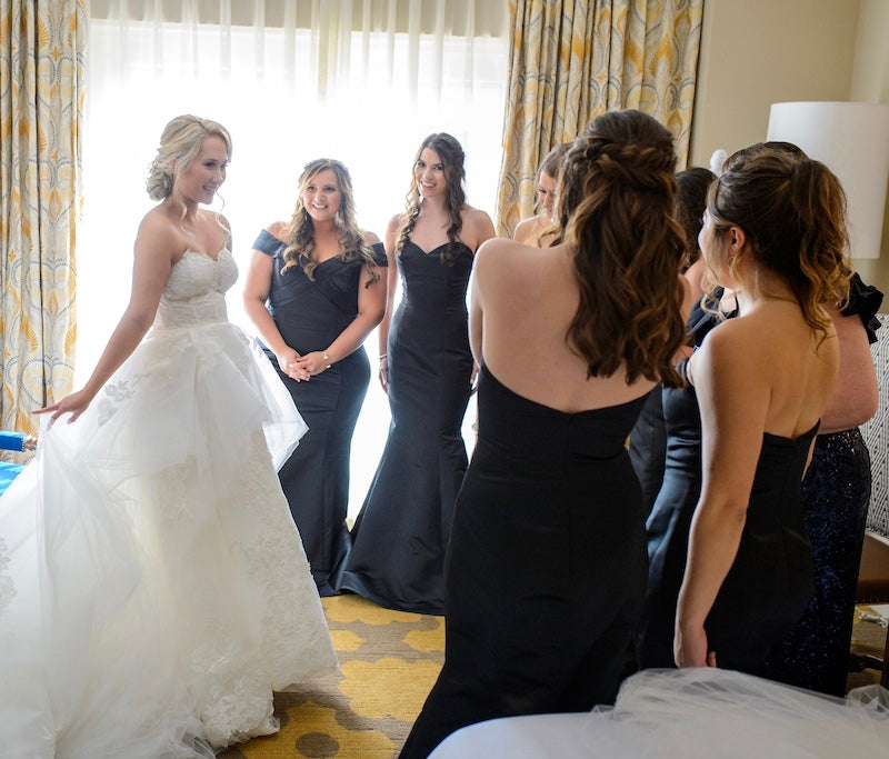 First Look with Bridesmaids in Blue Bridesmaid Dresses