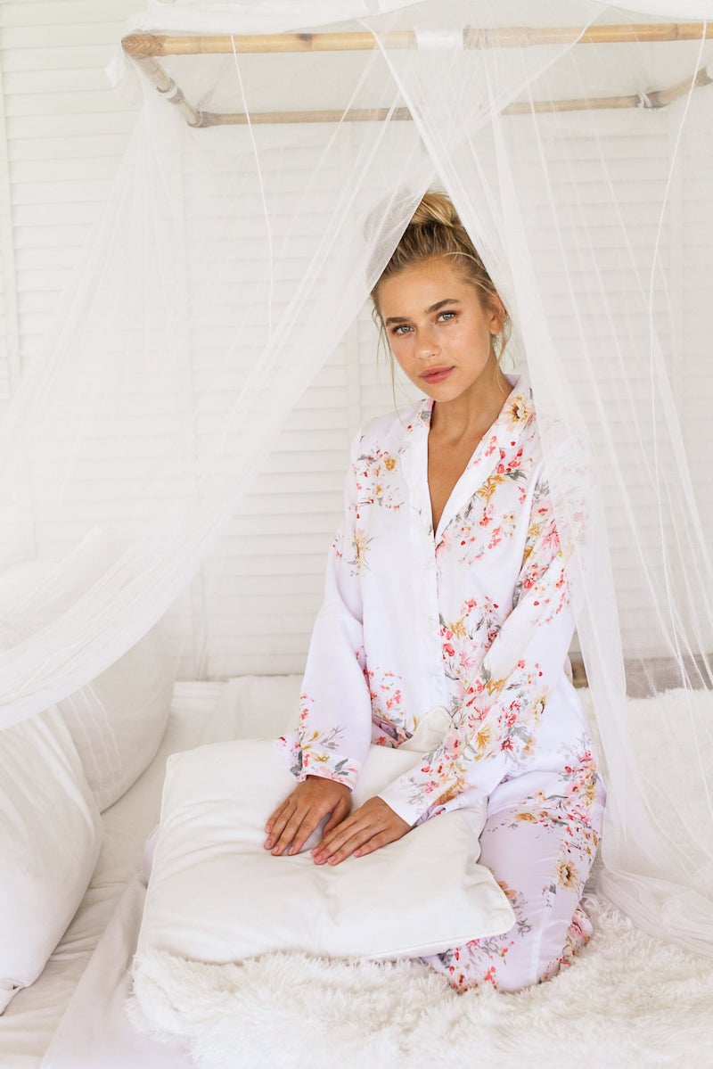 Floral Long Sleeve Silk Pajamas for Bridesmaids