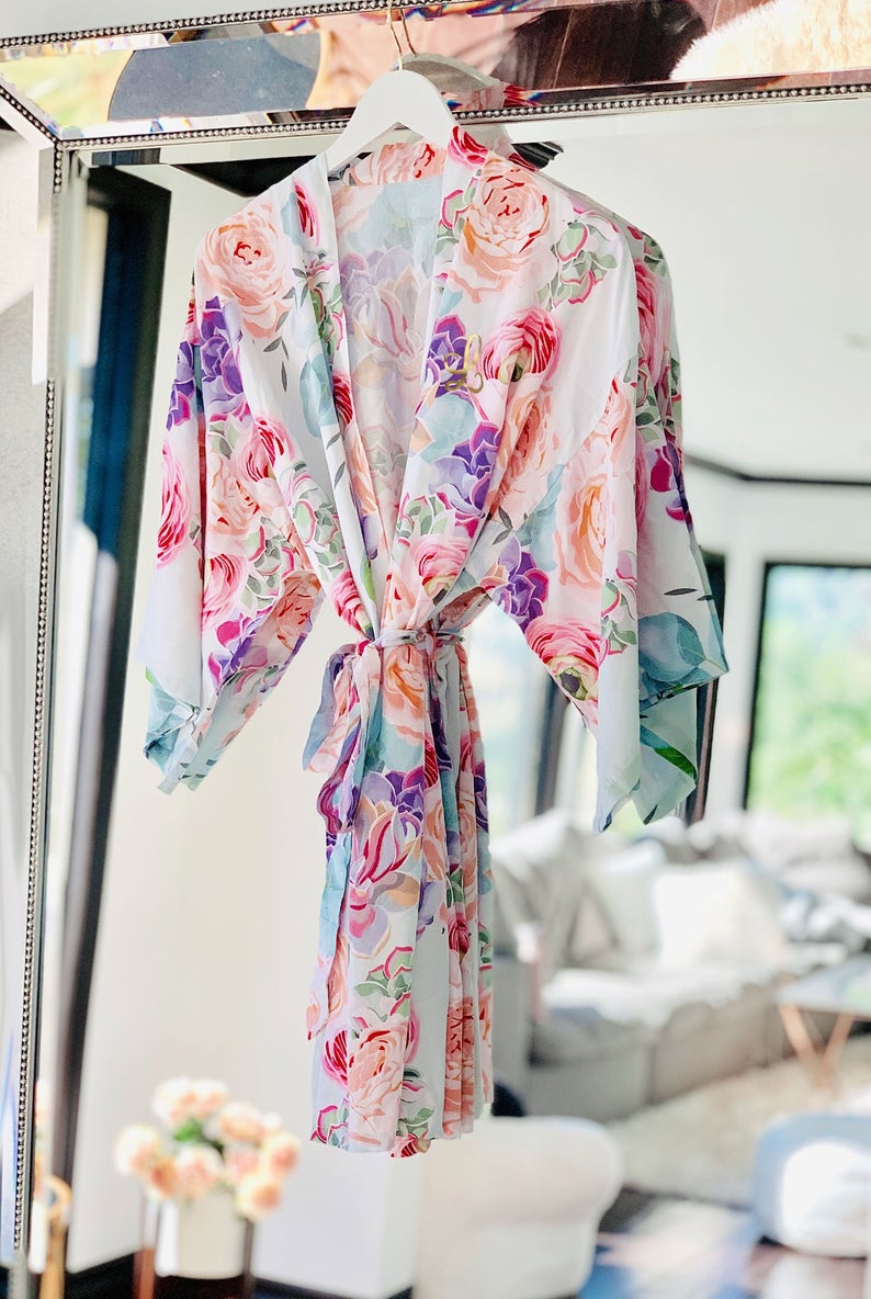 bright floral print robe for bride