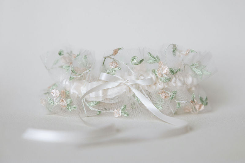 Flower Embroidered Tulle Bridal Garter Set Handmade by The Garter Girl