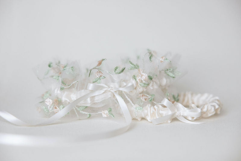 Flower Embroidered Tulle Bridal Garter Set Handmade by The Garter Girl