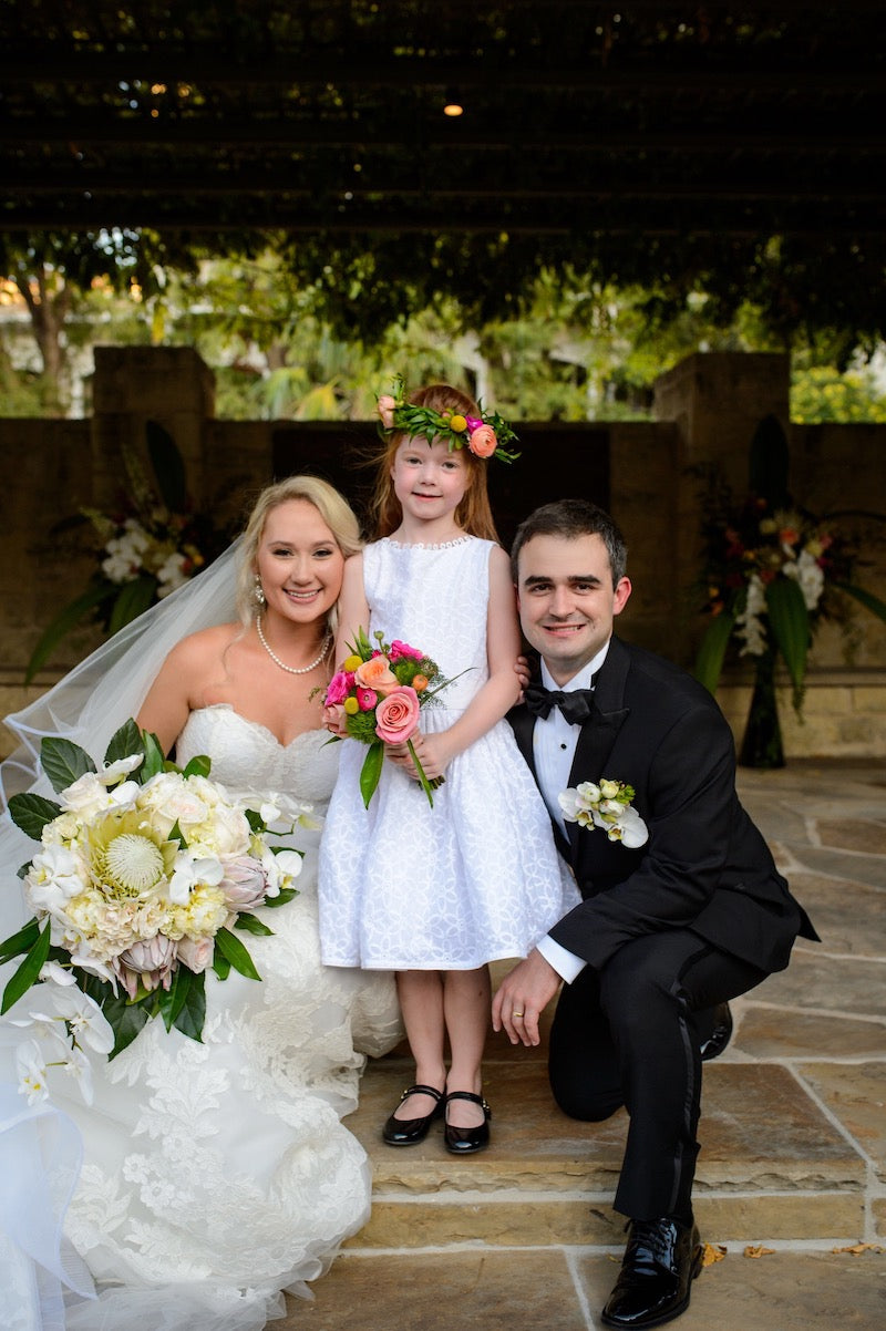 Bride and Groom and Flower Girl with Floral Crown