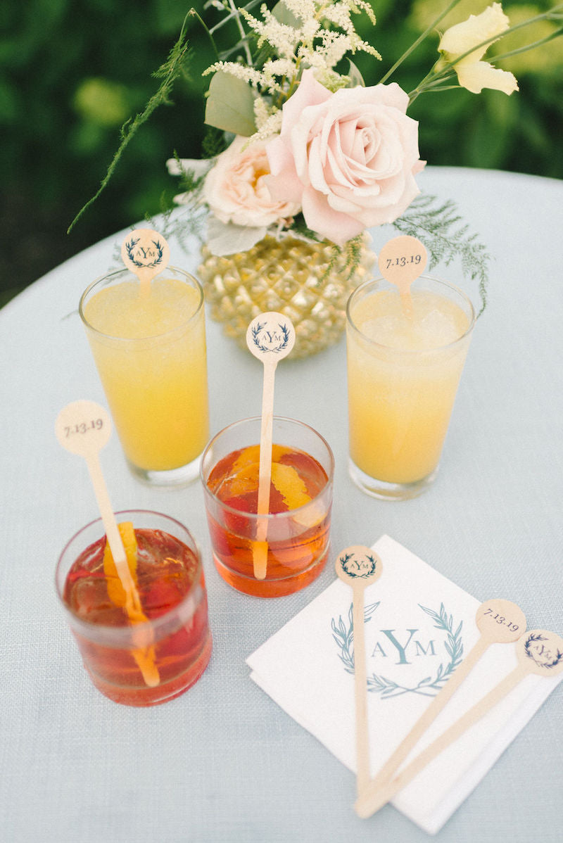 Fun Wedding Cocktails with Drink Stirrers and Custom Napkins