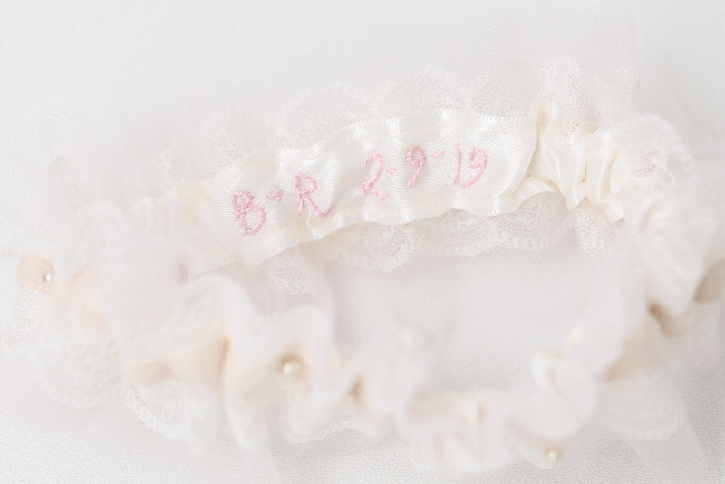 custom garter with blush tulle, velvet, pearls and hand embroidered on the inside by The Garter Girl